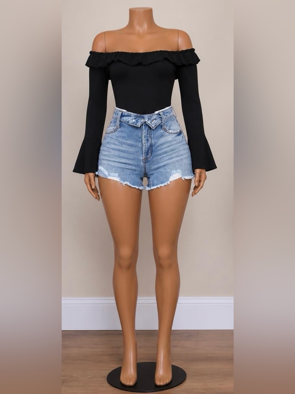 Fashion Nova Fold Over Waist Distressed Cutoff Denim Shorts Size 1 NWT